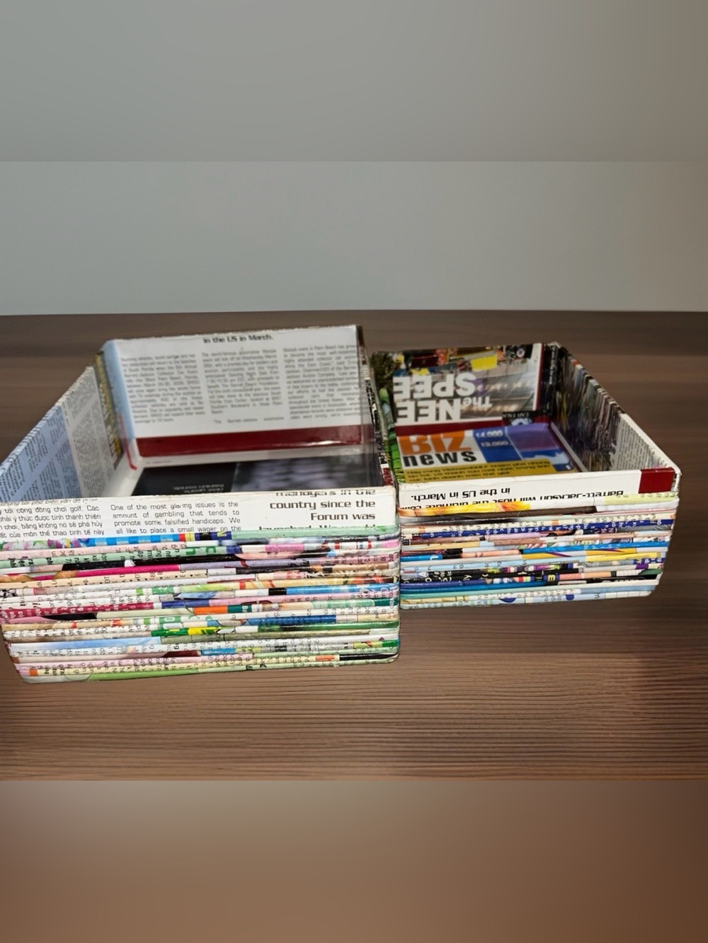 2 Recycled Newspaper Magazine Baskets Storage Bins Eco Friendly Folk Art